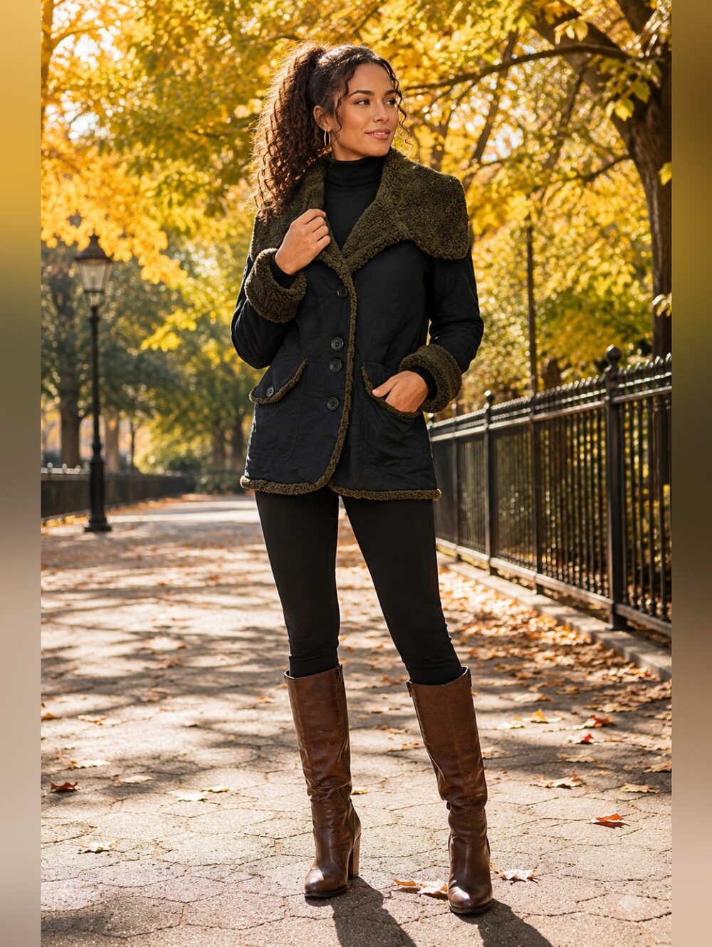 Easy Comfort Faux Fur Trim Jacket Small Sherpa Collar Cozy Winter Button Front